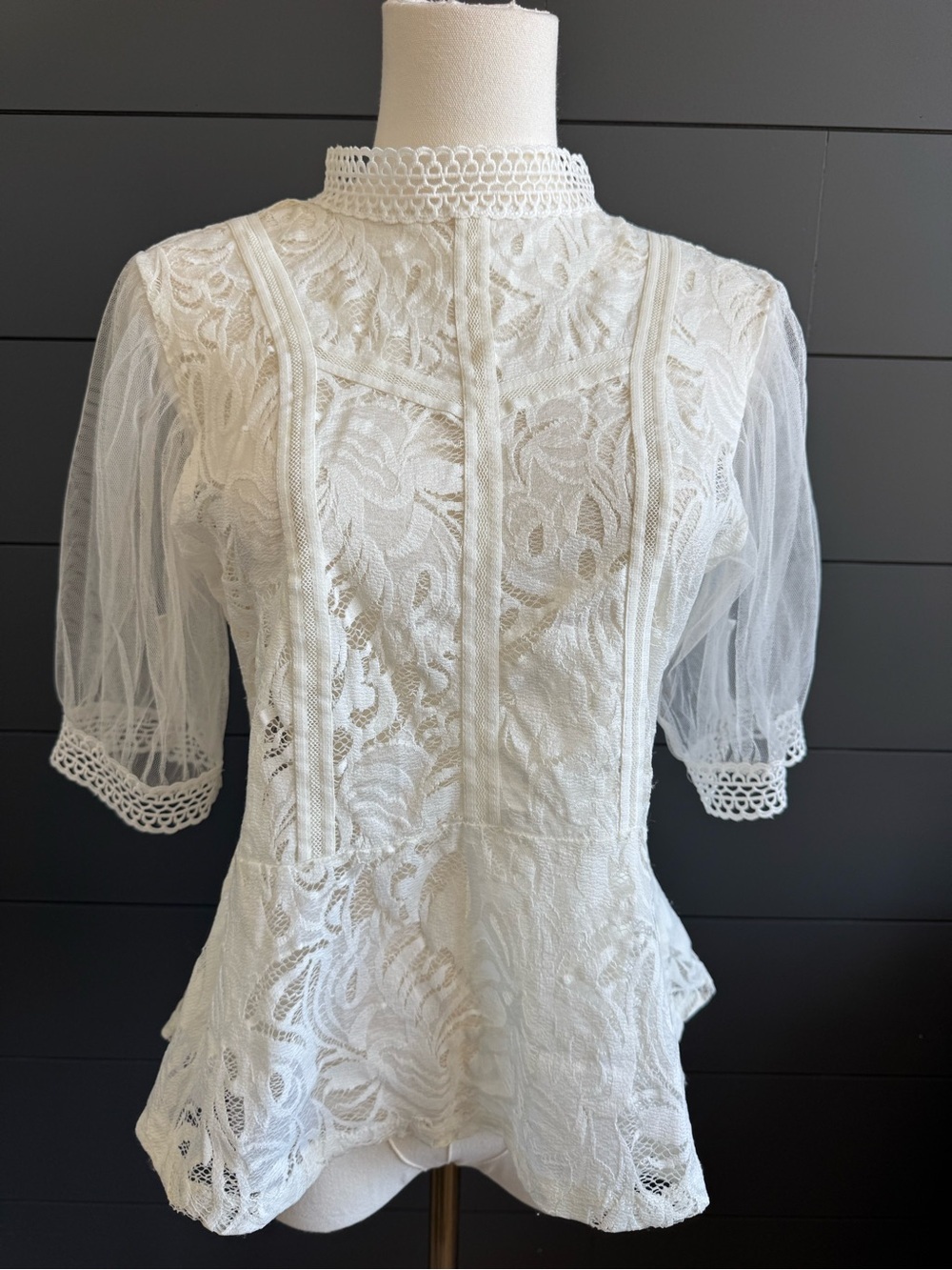 Active USA White Sheer Lace Crochet Trim Top Cottagecore Romantic Feminine Boho